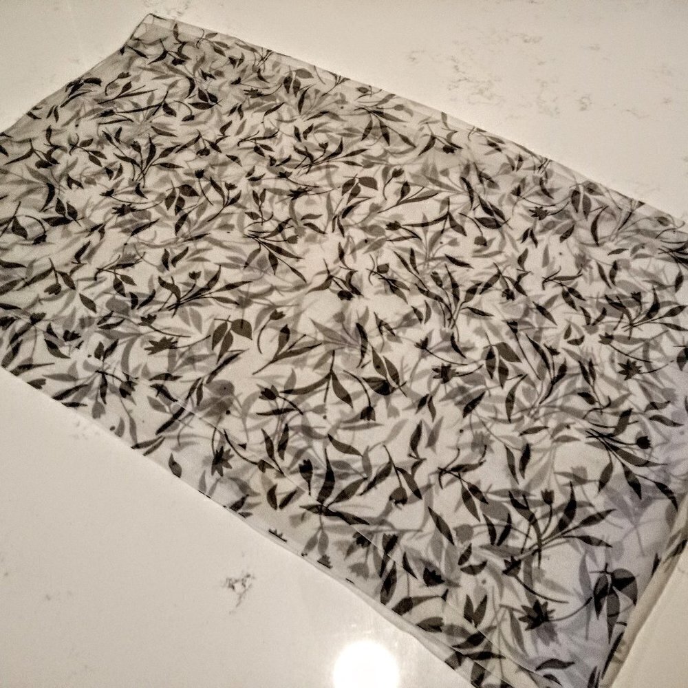 Chinese Tissue Silk B&W Leaf Print Oblong Scarf